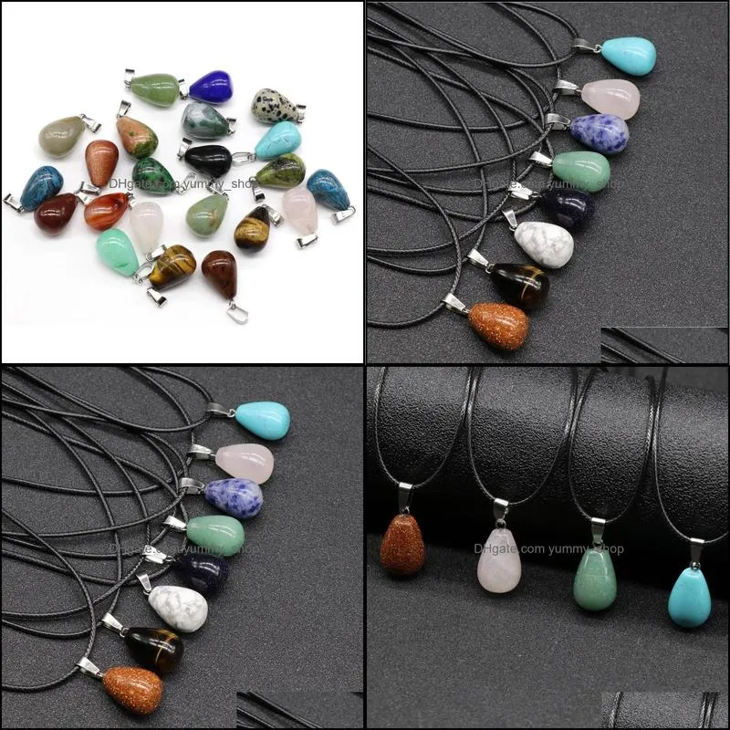 waterdrop stone crystal quartz opal pendant necklace leather chains for men women fashion jewelry