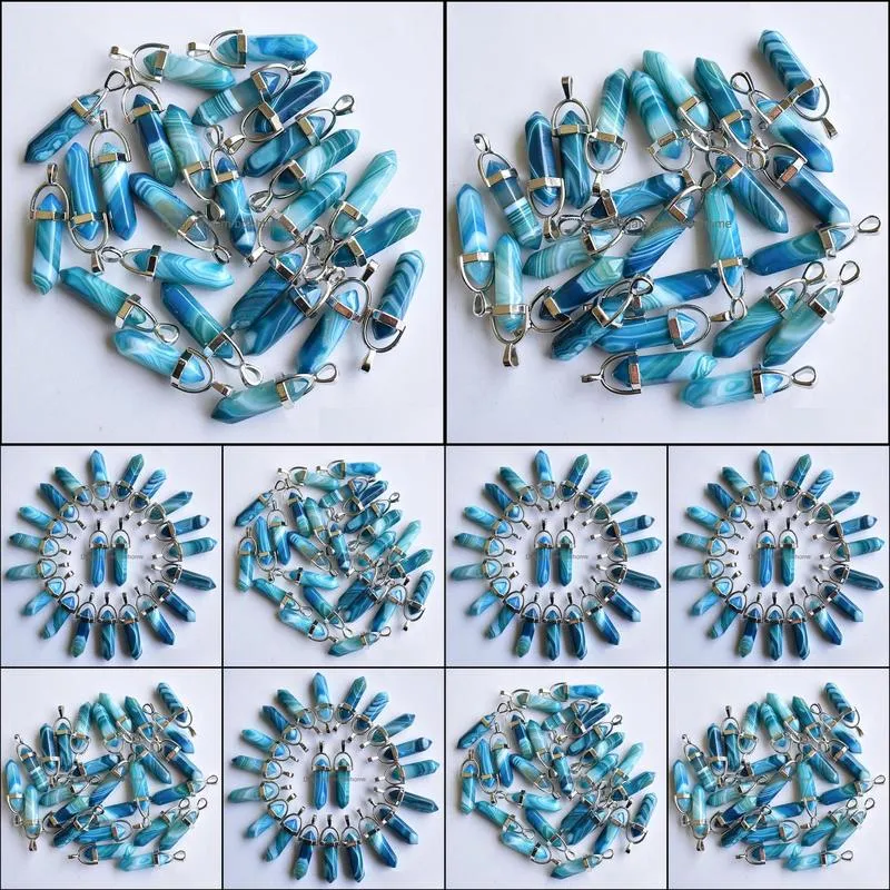 blue stripe agate stone pillar shape charms point chakra pendants for jewelry making