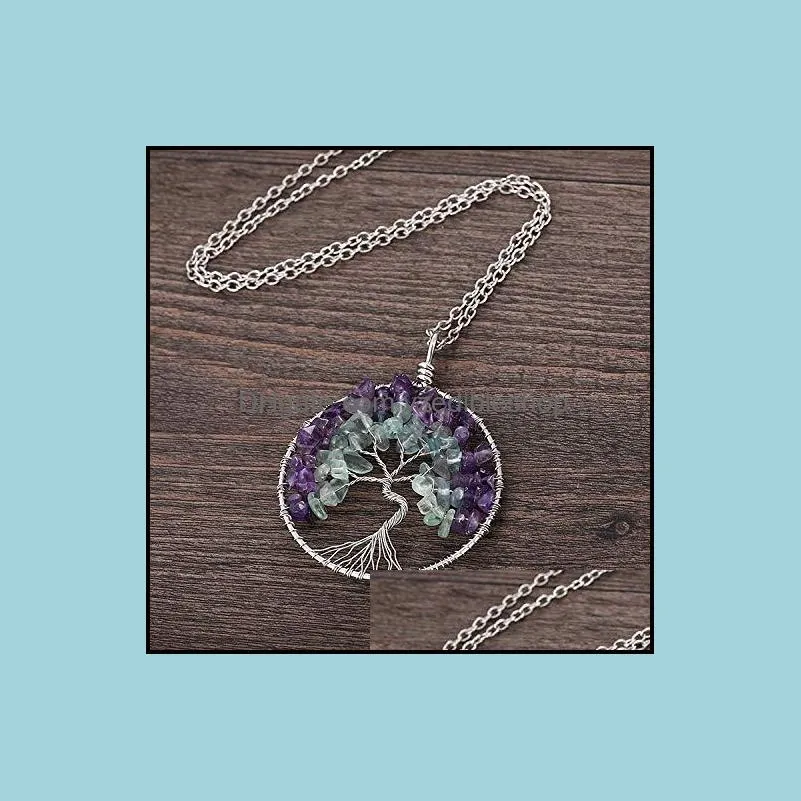 tree of life keychain natural crystal stone handmade diy keychain amethyst charm pendant necklace wholesale