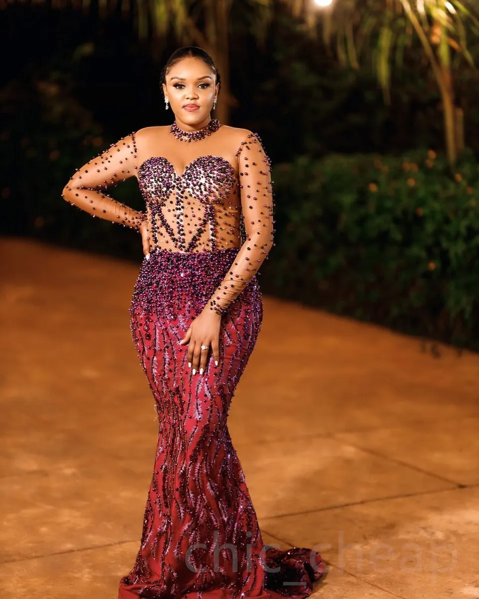 2023 Arabic Aso Ebi Burgundy Mermaid Prom Dresses Pearls Sequined Lace Evening Formal Party Second Reception Birthday Engagement Gowns Dress ZJ202