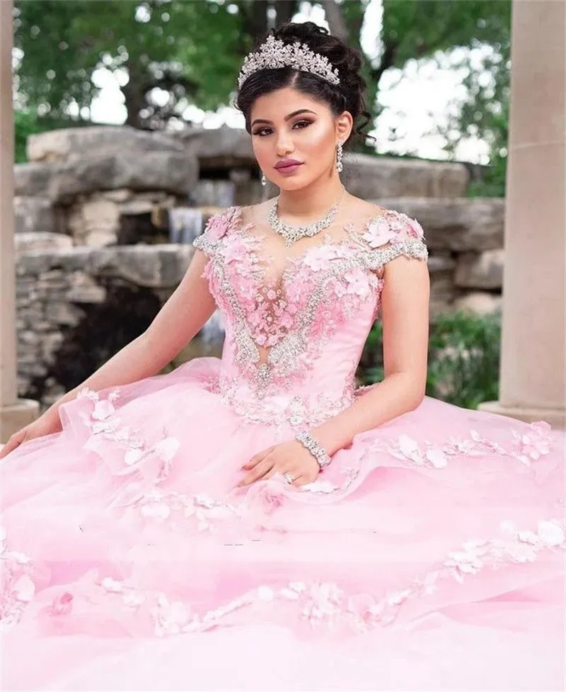 2023 Ball Gown Quinceanera Dresses Bridal Gowns Pink Tulle Cap Sleeves Lace Appliques Crystal Beads Hand Made Flowers Sweet 16 Dress Sweep Train Tiered Hollow Back