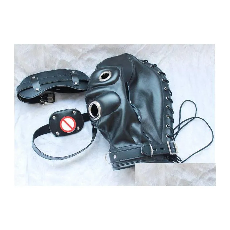 soft leather bondage hood mask eyesilicone dildo mouth plug headgear toys adult product