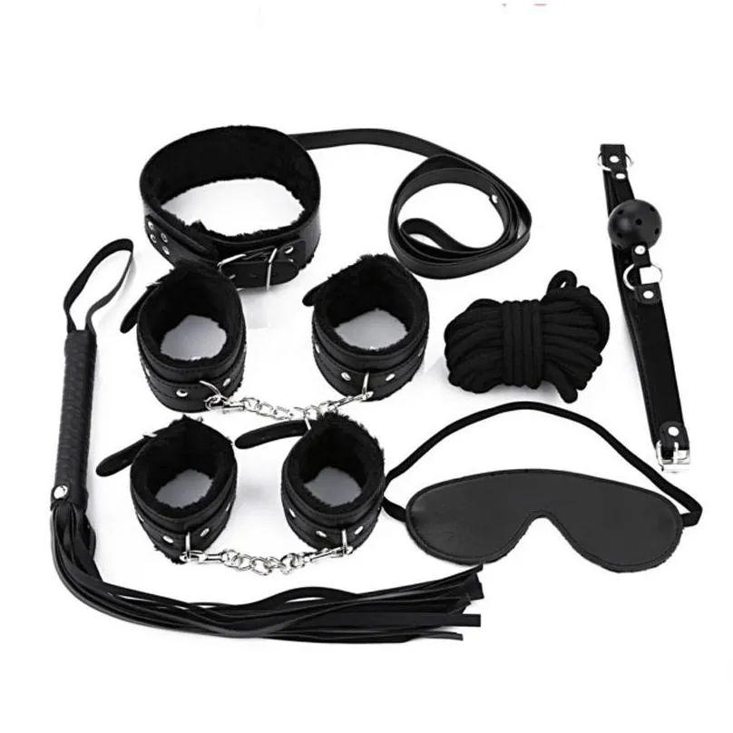 7pcs bondage set hand ankle cuffs eye collars mouth gag rope whip toys