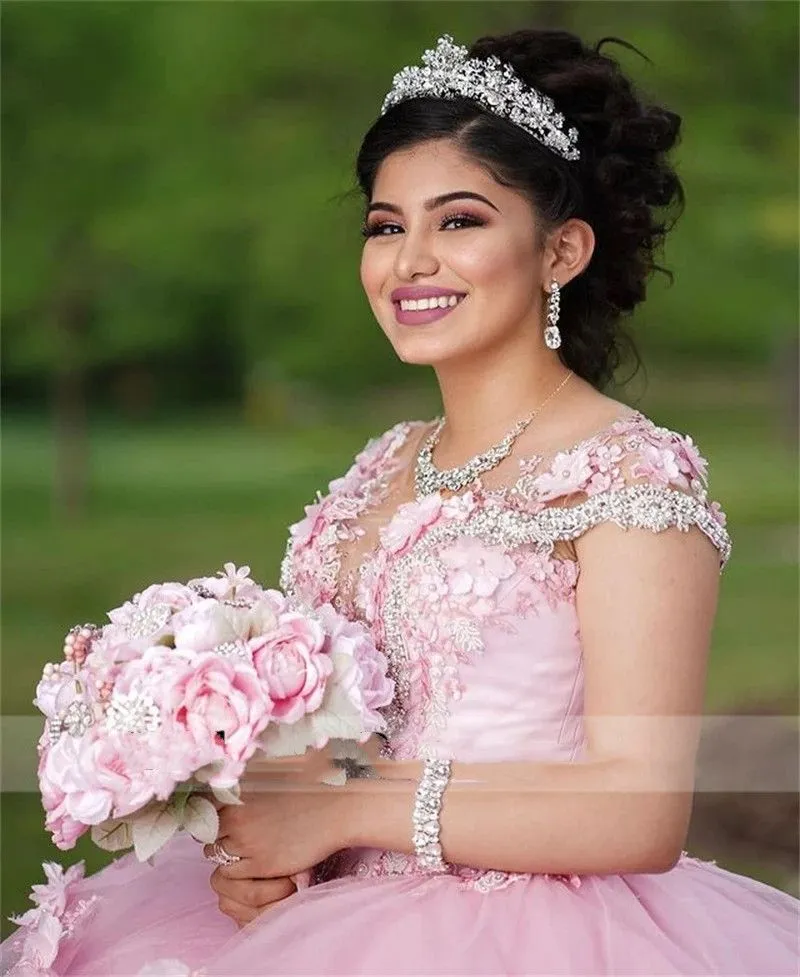 2023 Ball Gown Quinceanera Dresses Bridal Gowns Pink Tulle Cap Sleeves Lace Appliques Crystal Beads Hand Made Flowers Sweet 16 Dress Sweep Train Tiered Hollow Back