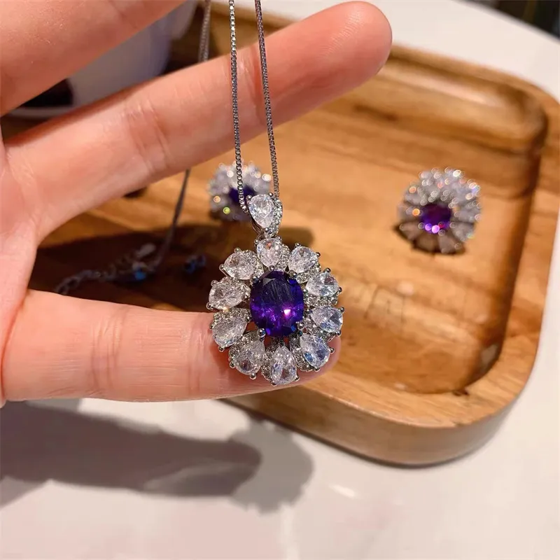 Flower Amethyst Diamond Jewelry set 925 Sterling Silver Engagement Wedding Rings Earrings Necklace For Women Promise Jewelry