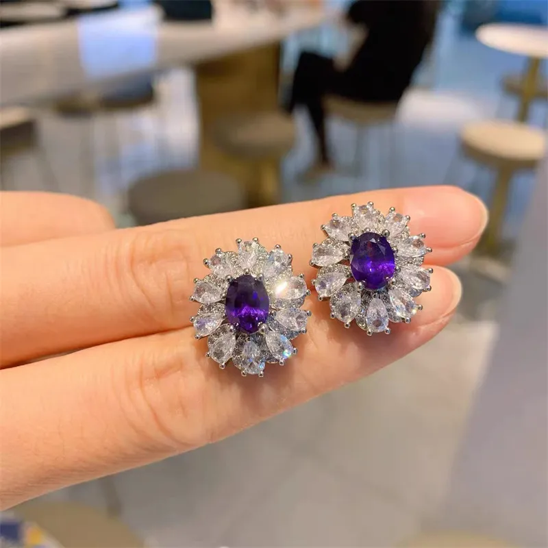 Flower Amethyst Diamond Jewelry set 925 Sterling Silver Engagement Wedding Rings Earrings Necklace For Women Promise Jewelry