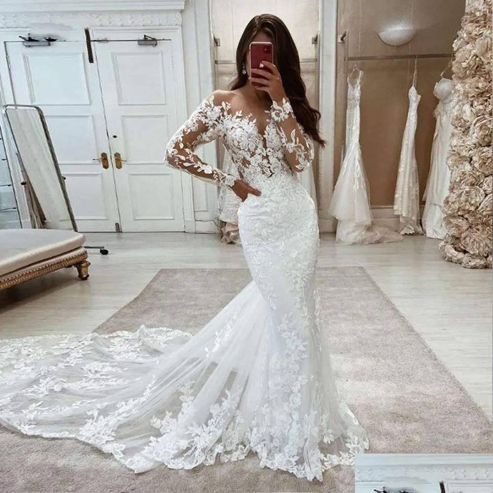 elegant long sleeves mermaid lace boho wedding dresses sheer tulle applique white ivory custom made bridal gowns with covered buttons