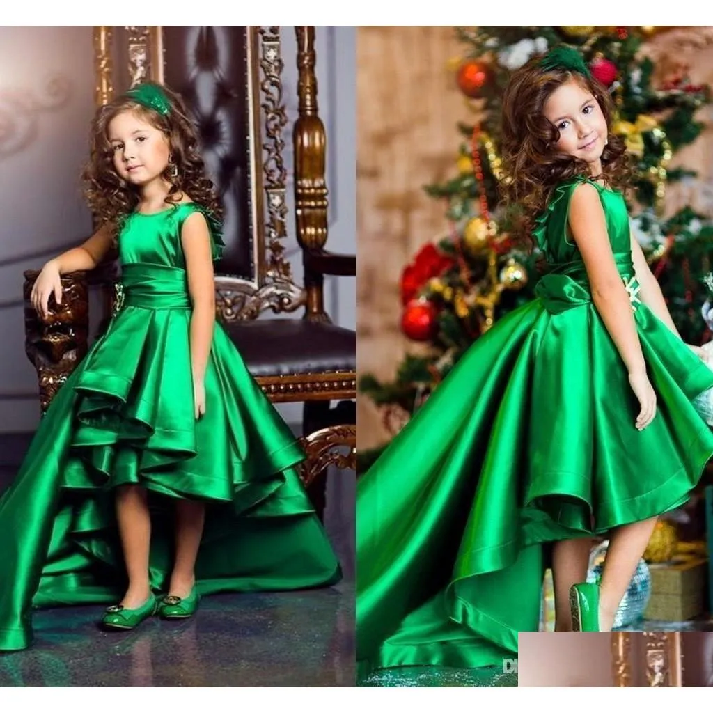 vintage emerald green high low girls pageant dresses ruffles a line kids birthday party wear charming child communion gowns
