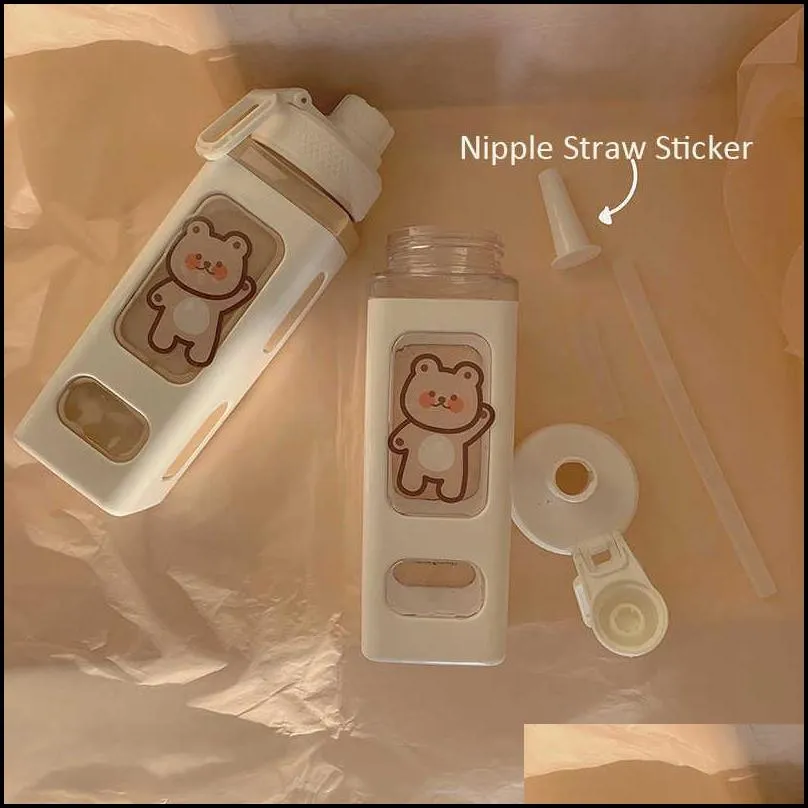 700/900ml kawaii bear water bottle bpa with straw for children adults plastic cute school drinking bottle juice tea cups 210914