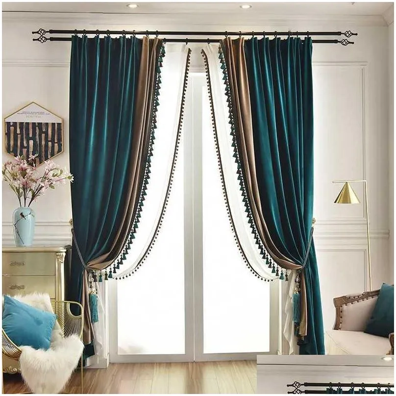 american light luxury style peacock green curtain for living room bedroom velvet blackout curtain treatment decoration custom 210712