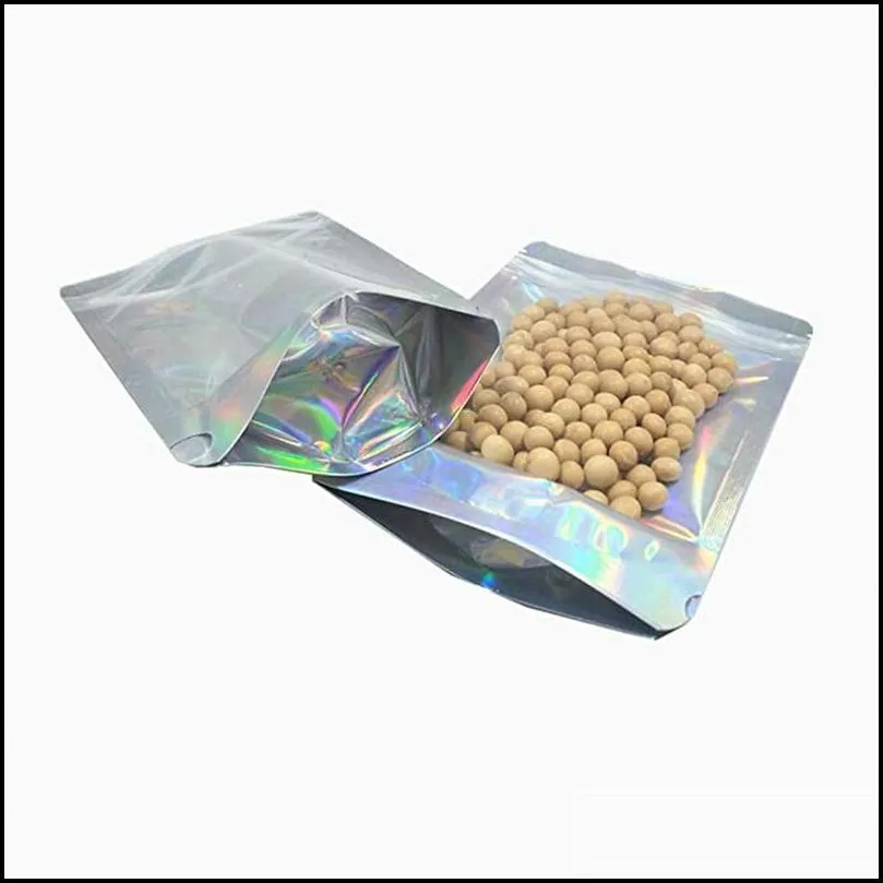 100pcs lot resealable stand up zipper bags aluminum foil pouch plastic holographic smell proof bag food storage packaging