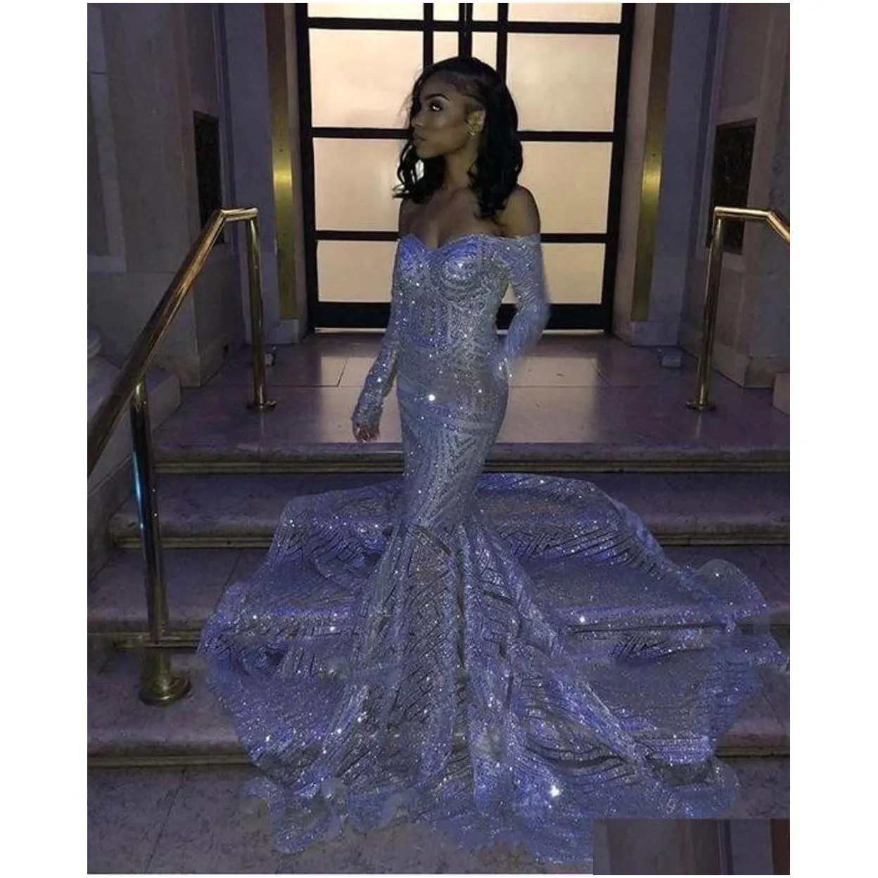 black girl silver sparkling sequins offtheshoulder mermaid prom dresses long sleeves sweep train reflective formal party evening gowns