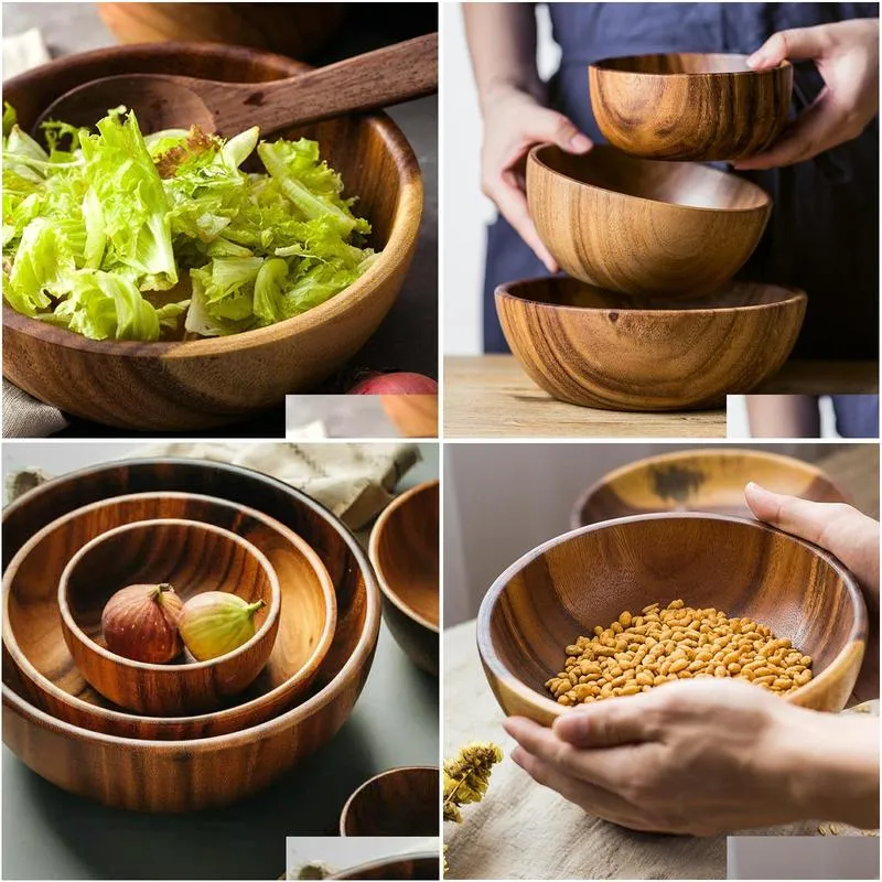 3 size unpainted natural acacia wooden bowl salad soup fruit container wooden tray kitchen utensils tableware 201214