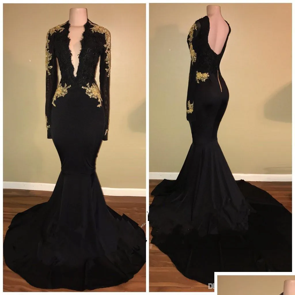 black deep v neck long sleeves prom dresses lace applique beaded low back sweep train evening gowns formal party dresses