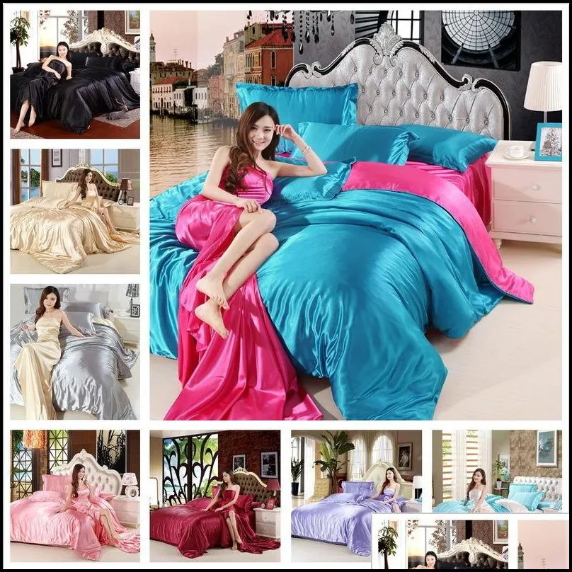 hot satin silk bedding set home textile king size bed set bed clothes duvet cover flat sheet pillowcases wholesale t200110
