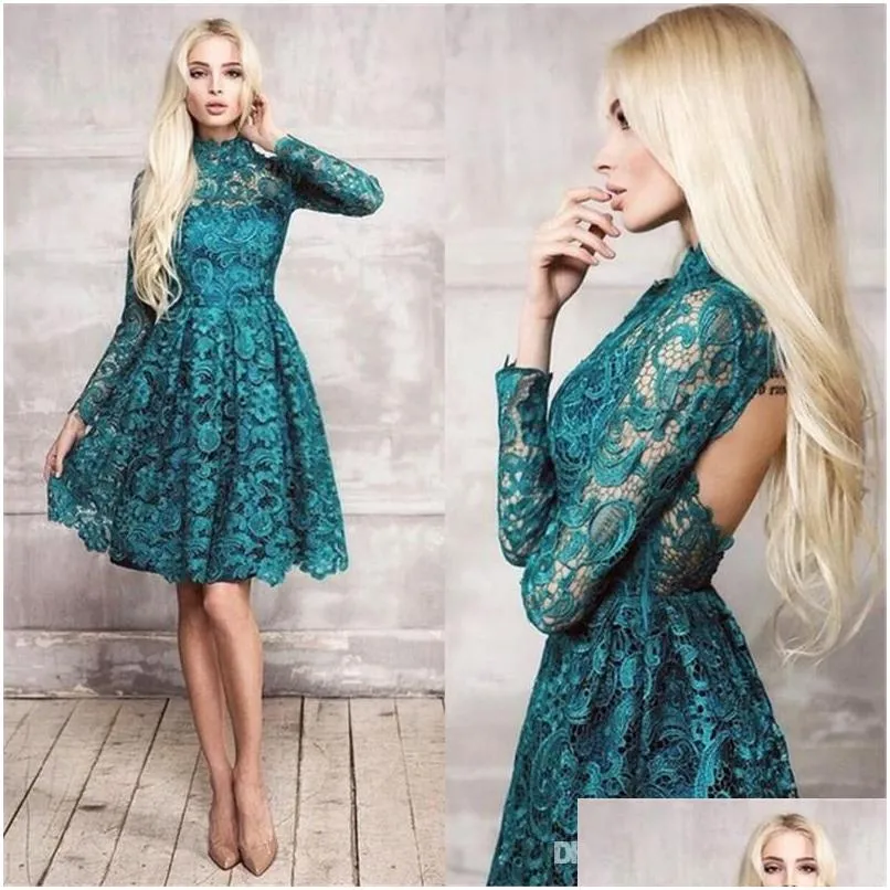 lace teal long sleeves short cocktail dresses high neck backless knee length sexy party prom dress arabic homecoming gowns