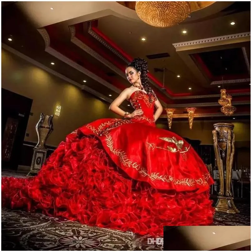 vintage sweetheart red gold embroidery ball gown quinceanera dresses satin ruffles lace up floor length vestido de festa sweet 16