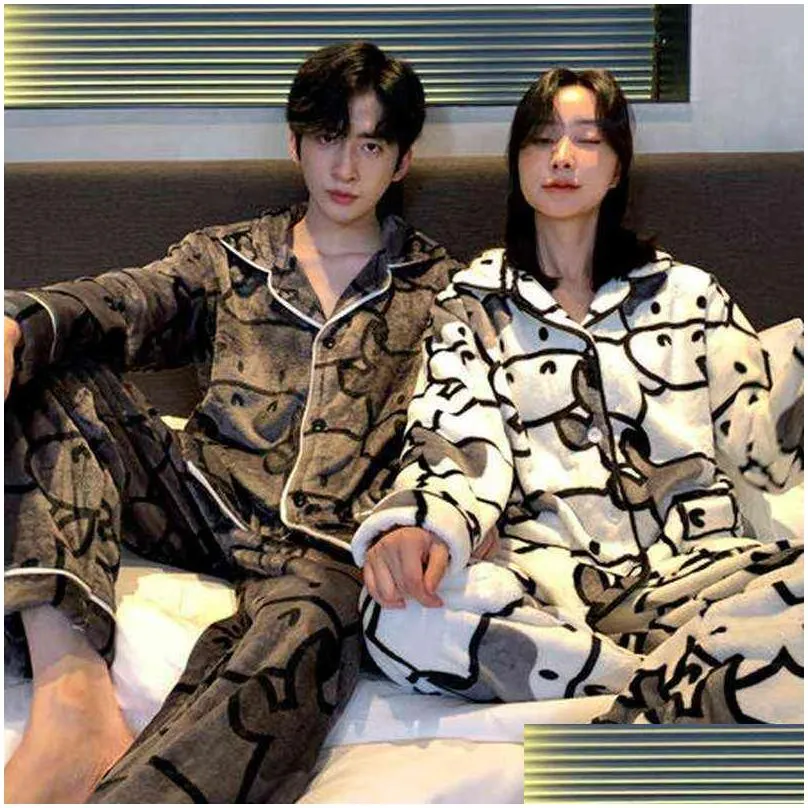 qweek couple pajama woman winter flannel cow print pyjama pour femme female set 2 pcs home clothes pijamas trouser suits 211211