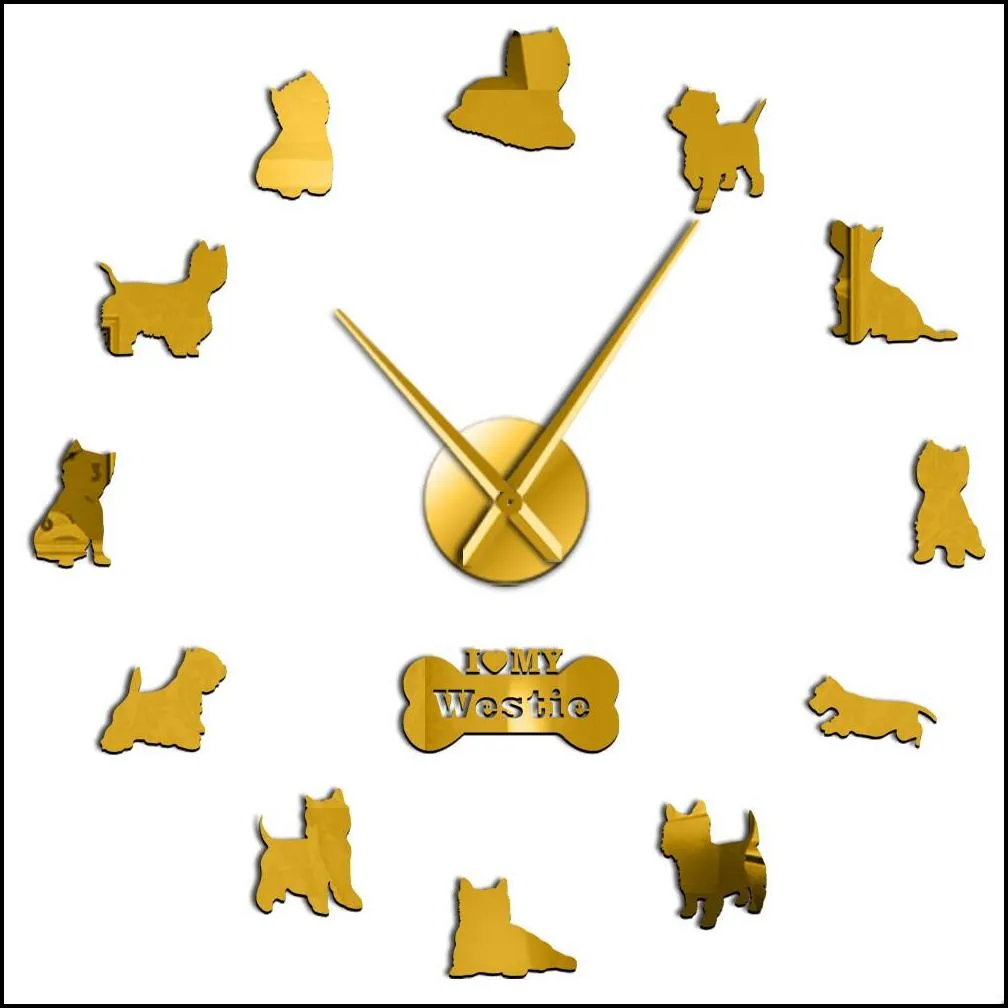 west highland terrier westie dog breed long clock hand 3d diy wall clock puppy animal self adhesive big acrylic time clock watch