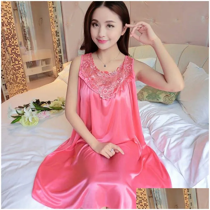 plus size 4xl ladies sexy silk satin night dress sleeveless nighties nightgown long nightdress lace sleepwear nightwear women 210831