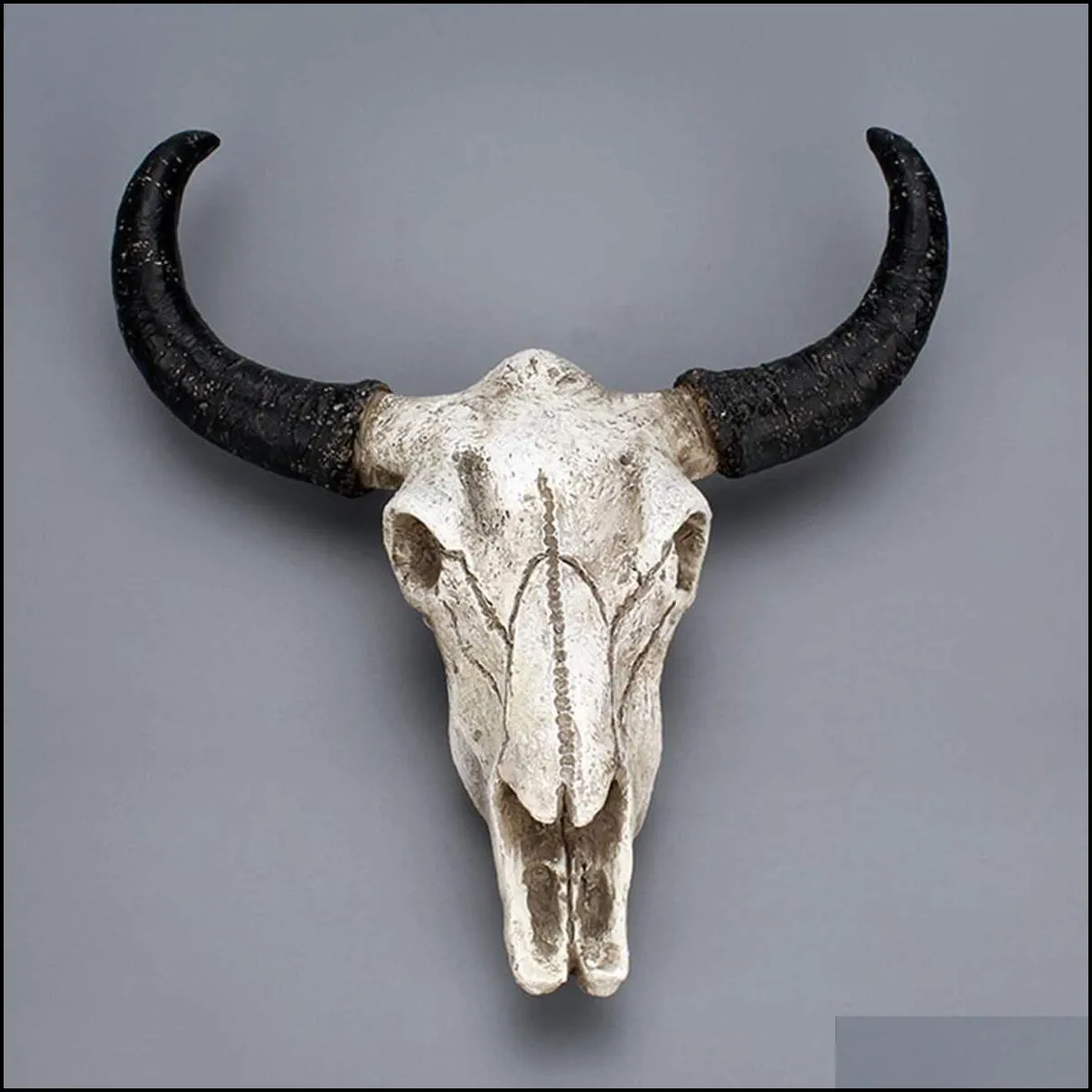 resin longhorn cow skull head wall hanging decoration 3d animal wildlife sculpture figurines crafts horns for home decor t200331
