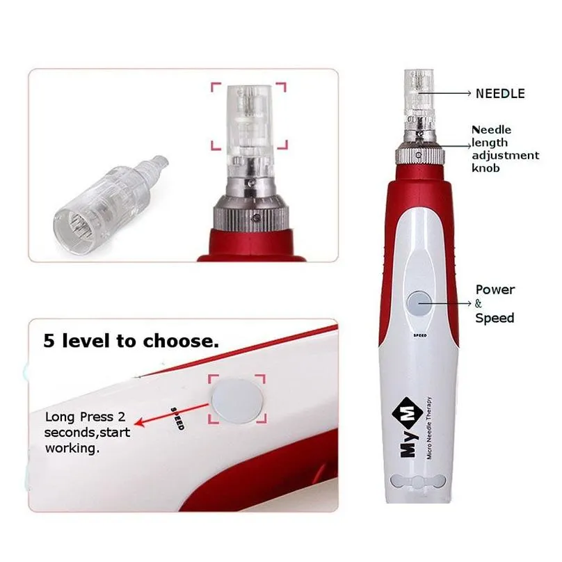 electric microneedle pen with needle cartridges anti aging facial beauty skin care tool