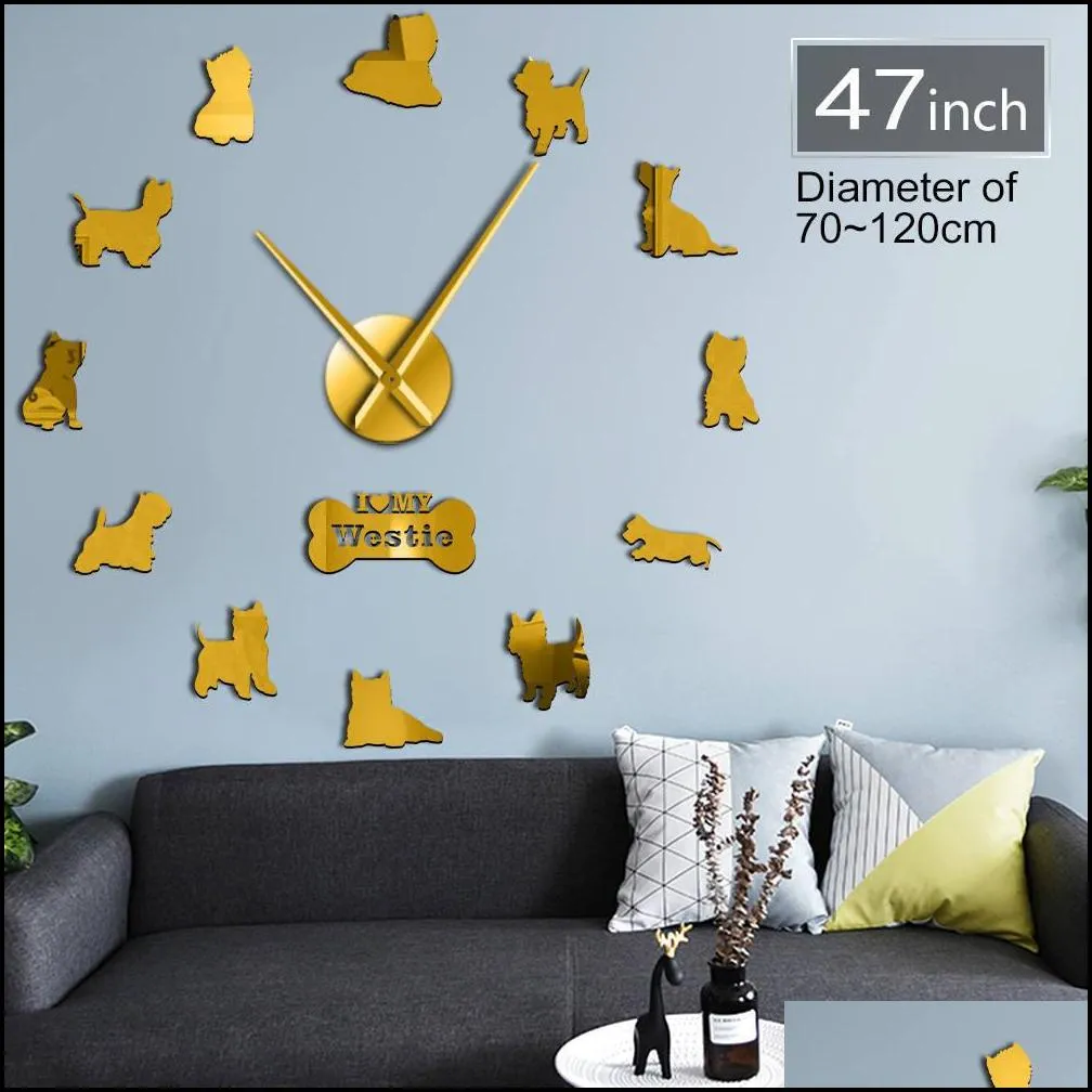 west highland terrier westie dog breed long clock hand 3d diy wall clock puppy animal self adhesive big acrylic time clock watch