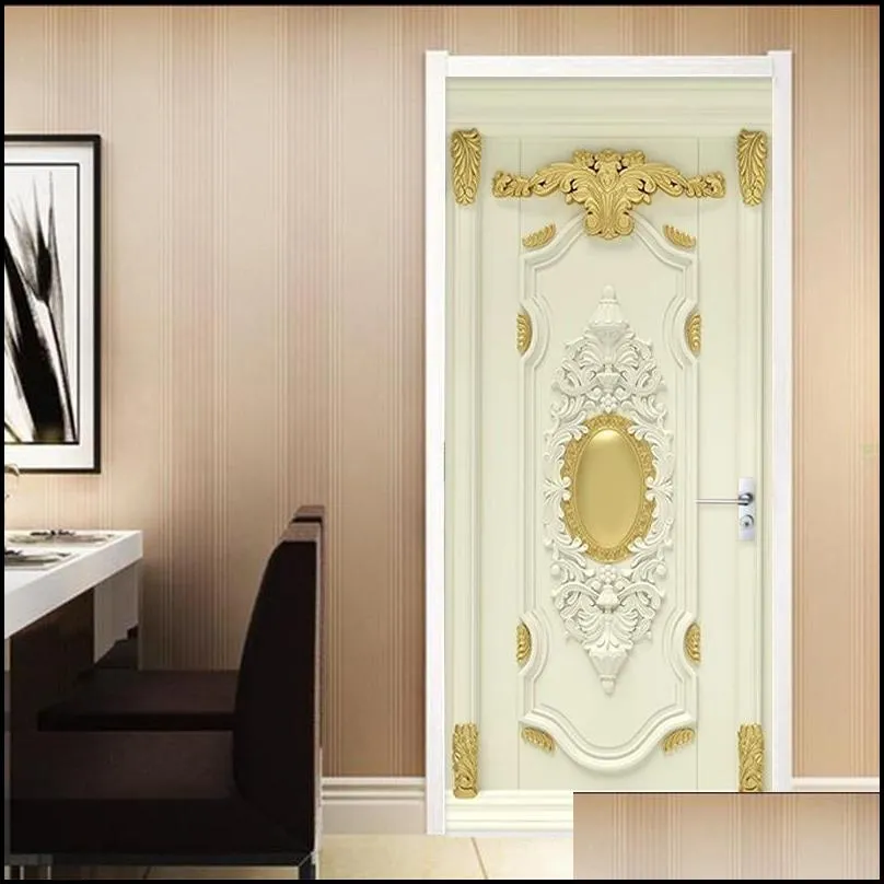 3d luxury home decor door sticker european style golden flowers mural wallpaper living room bedroom 3d selfadhesive door poster