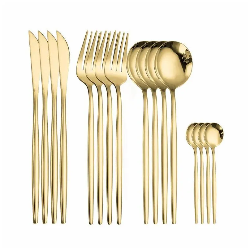 stainless steel cutlery spoon fork set golden cutlery set of spoons and forks 16 pieces black gold dinnerware set 201116