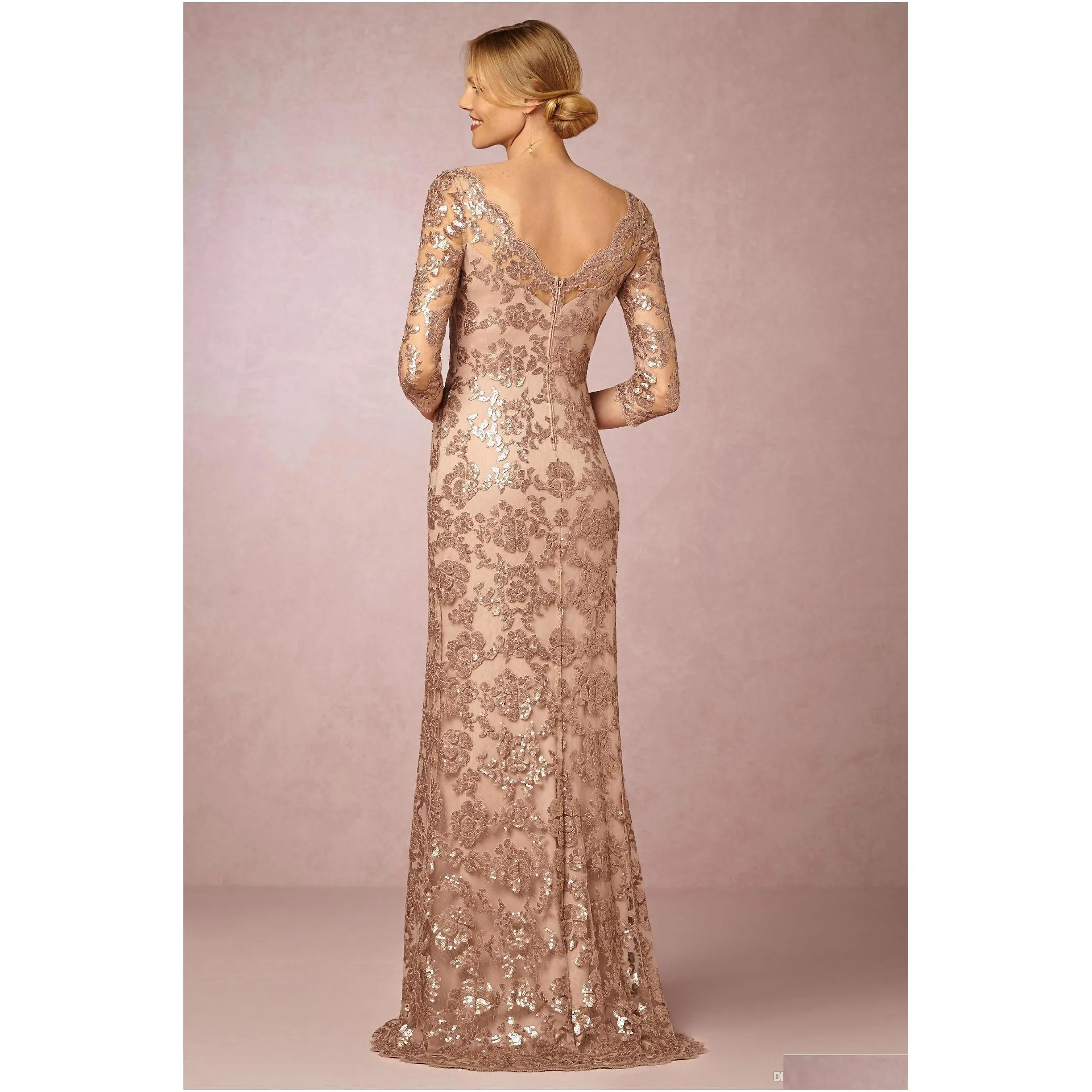  rose gold mermaid evening dresses with half sleeves sequin long prom dresses elegant formal evening gowns robe de soiree ba0528
