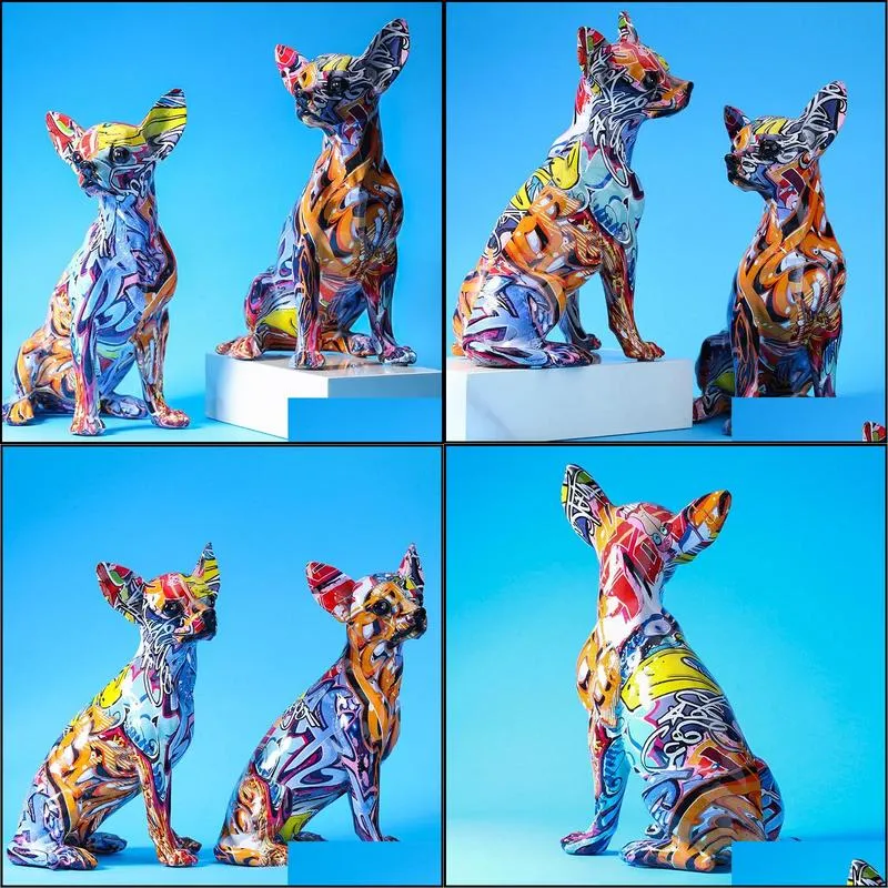 creative color chihuahua dog statue simple living room ornaments home office resin sculpture crafts store decors decorations 220510