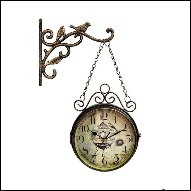 innovative wall clock retro double sided simple silent quartz clock wrought iron round clock for living room decoration t200103