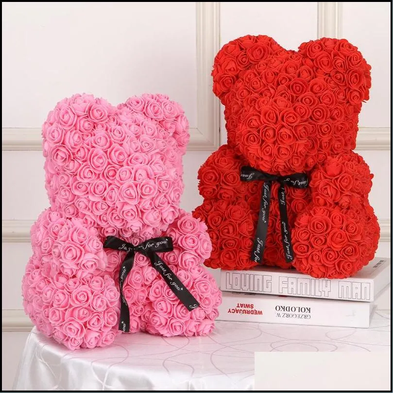 40cm artificial flowers rose bear plastic foam rose teddy bear girlfriend valentines day gift birthday party decoration t200524