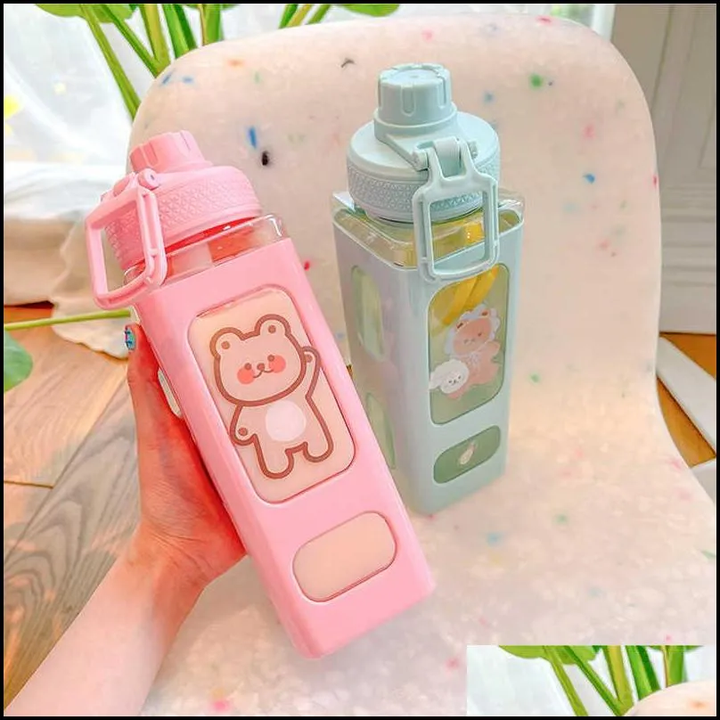 700/900ml kawaii bear water bottle bpa with straw for children adults plastic cute school drinking bottle juice tea cups 210914