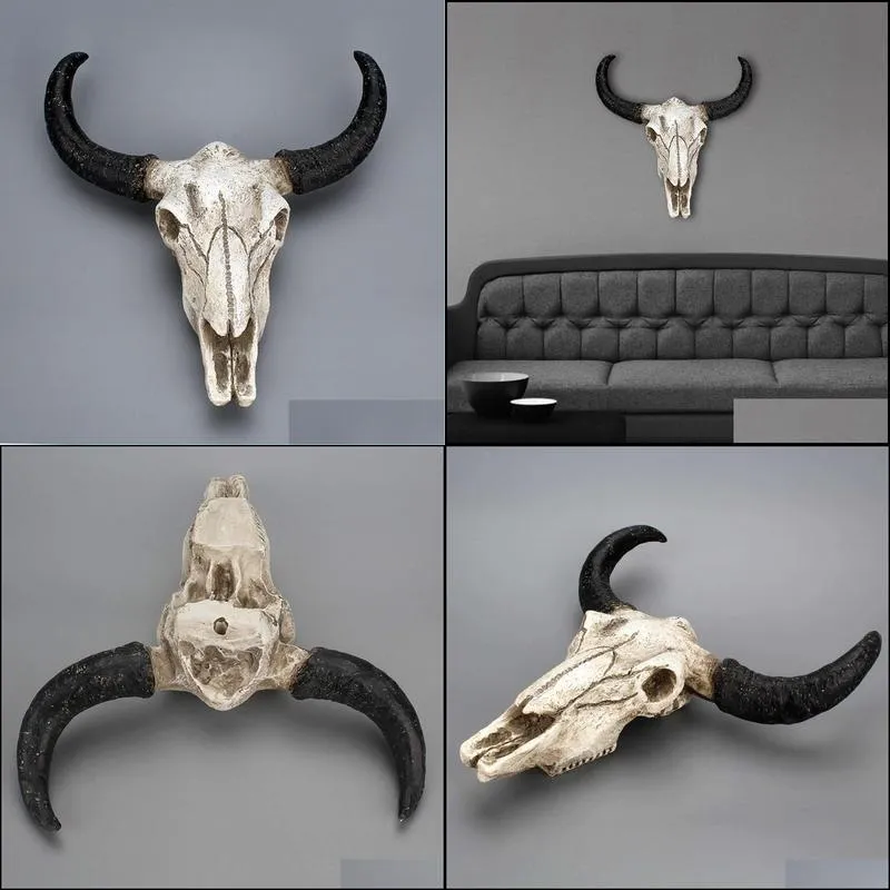 resin longhorn cow skull head wall hanging decoration 3d animal wildlife sculpture figurines crafts horns for home decor t200331