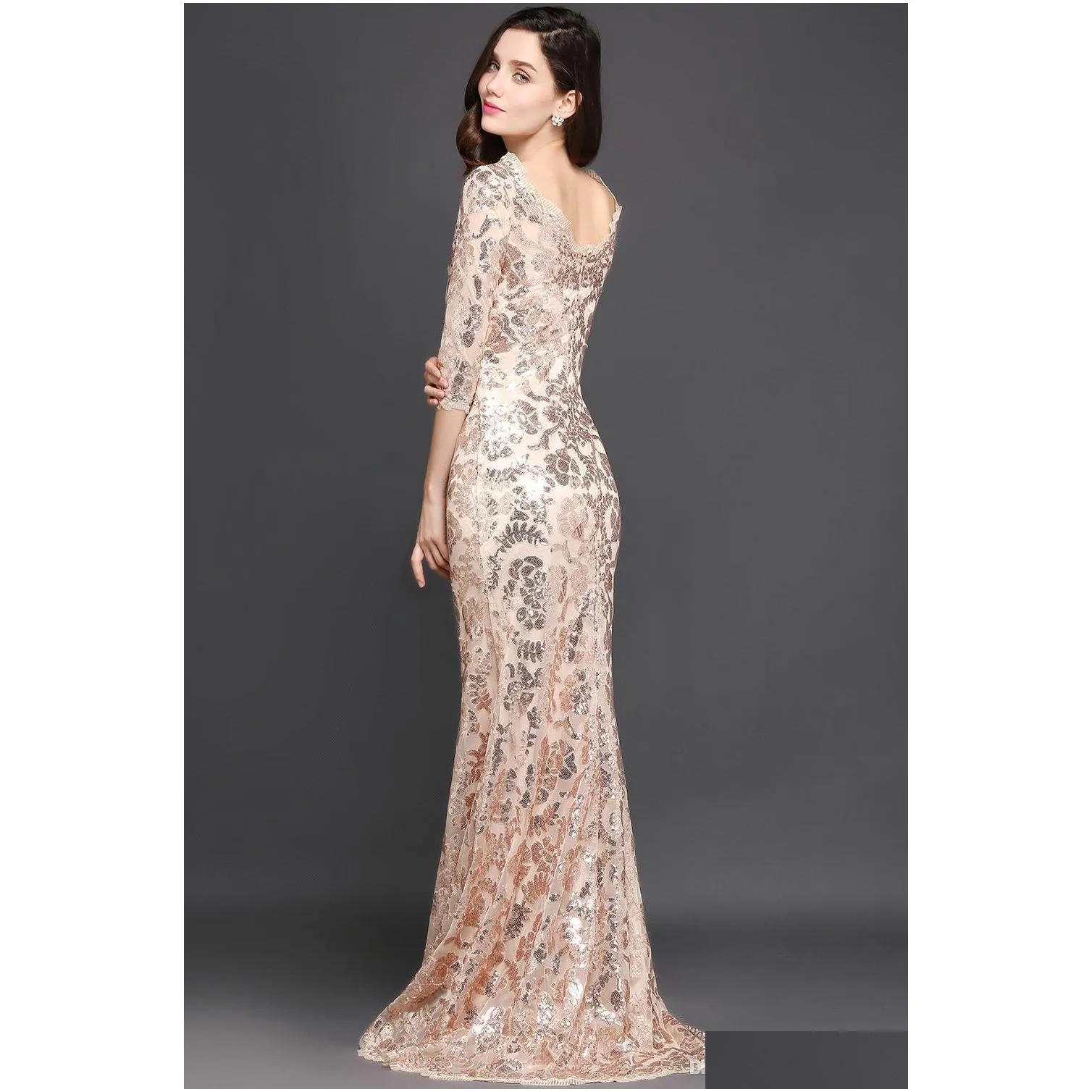  rose gold mermaid evening dresses with half sleeves sequin long prom dresses elegant formal evening gowns robe de soiree ba0528