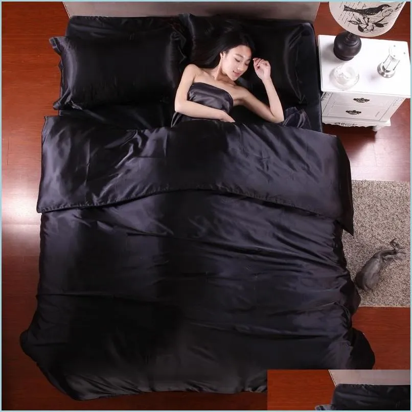 hot satin silk bedding set home textile king size bed set bed clothes duvet cover flat sheet pillowcases wholesale t200110