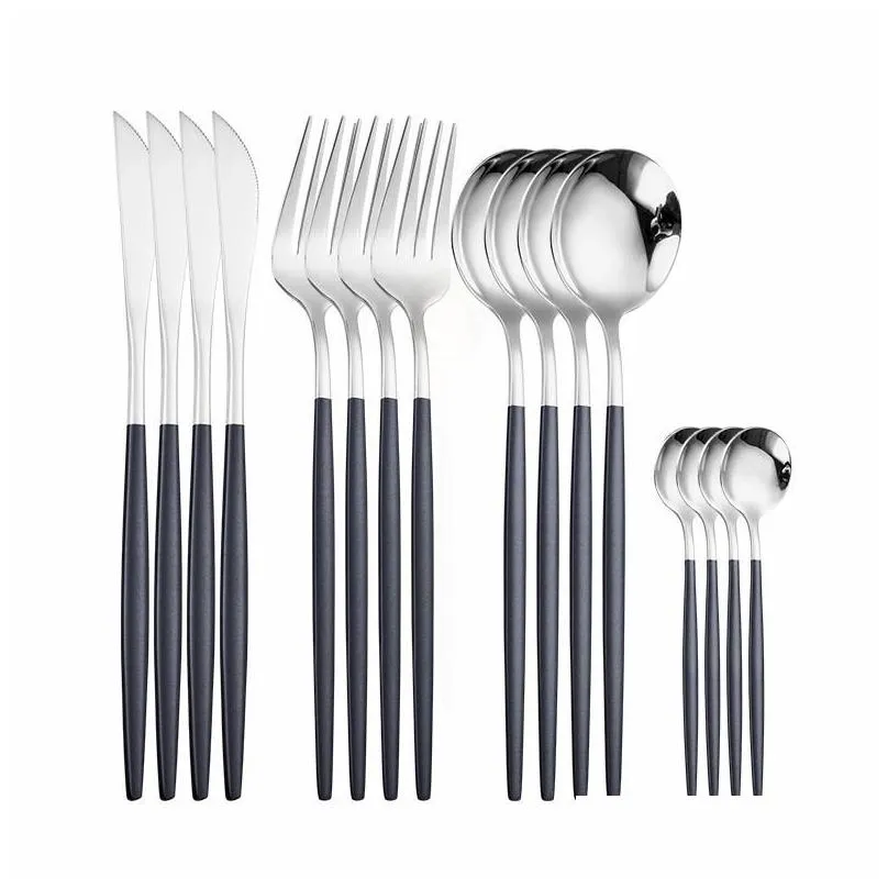 stainless steel cutlery spoon fork set golden cutlery set of spoons and forks 16 pieces black gold dinnerware set 201116