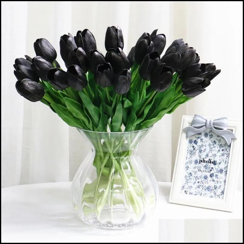 pu real touch artificial black rose tulip gorgeous latex flower stamens wedding fake flower dcor home party memorial 15pcs/lot t200103