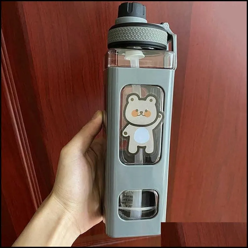 700/900ml kawaii bear water bottle bpa with straw for children adults plastic cute school drinking bottle juice tea cups 210914