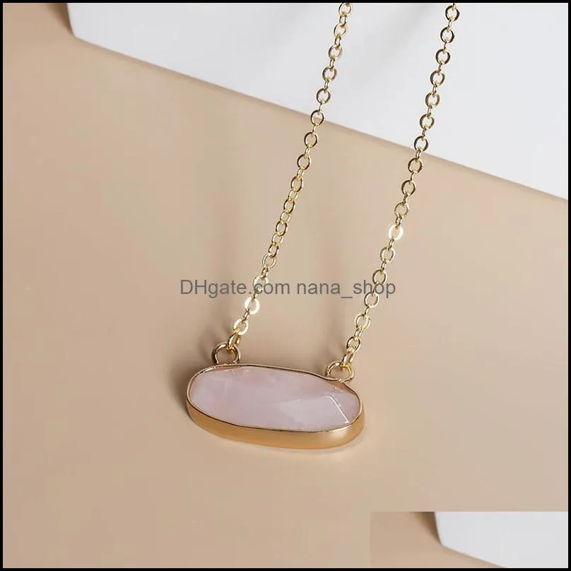 druzy crystal natural stone pendant necklace gold edge oval style amethyst rose quartz chakra healing jewelry for women