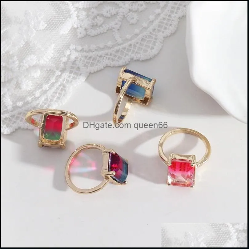 fashion gold plated rectangle gradient glass crystal rings chromatic geometric ring for women jewelry gift