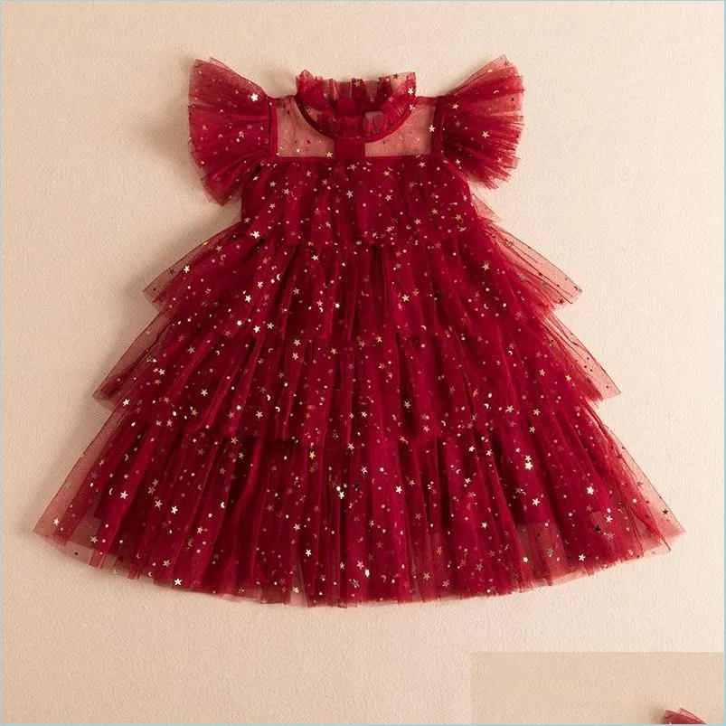 girls dresses summer layers cake dress for girls star ruffy sleeve tulle tutu kids girl red year ceremory party elegant