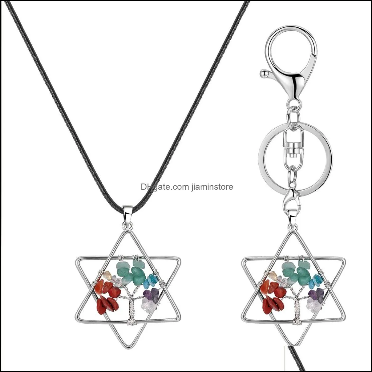 melcaba six pointed star wound life tree pendant seven chakra necklace natural healing crystals quartz gemstone pendants