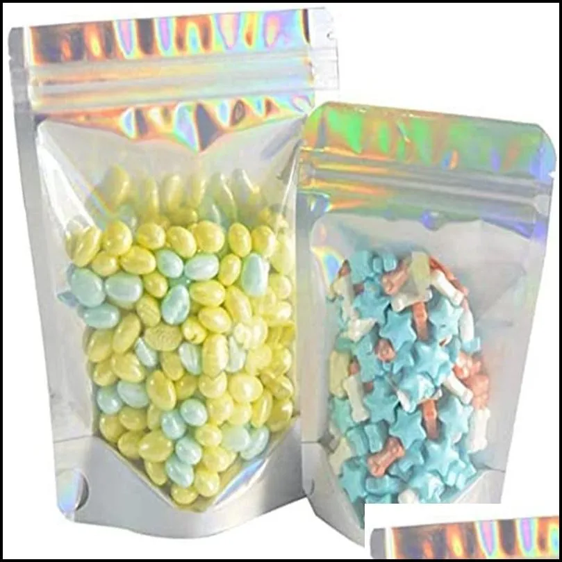 100pcs lot resealable stand up zipper bags aluminum foil pouch plastic holographic smell proof bag food storage packaging