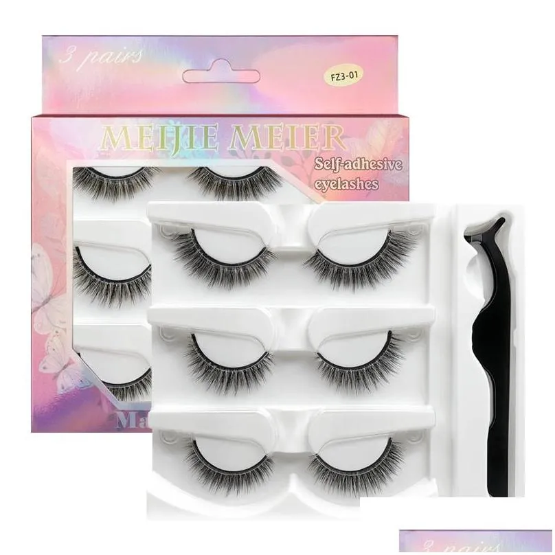 makeup self adhesive false eyelashes 3 pairs fake eyelash and tweezer set extension handmade 3d lashes soft natural thick cross lightweight pestanas