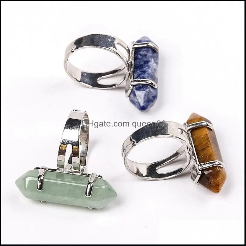 hexagonal prism rings pink purple crystal quartz healing point chakra stone charms opening rings for women men