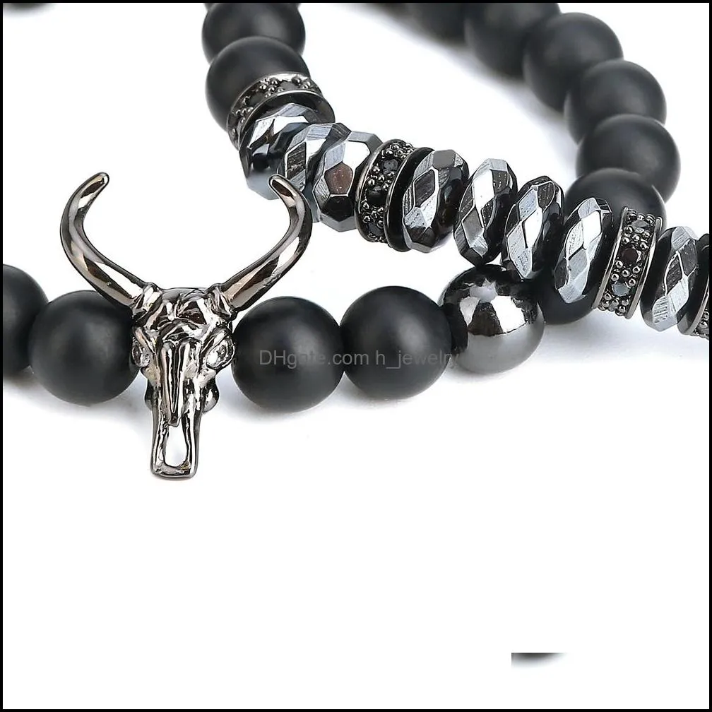 bead bracelets for men charm black bull matte onyx stone bangle fashion 8mm charm ox head bracelets bangles jewelry