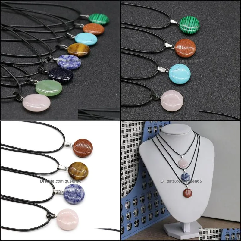 20mm flat round stone crystal quartz opal pendant necklace leather chains for men women fashion jewelry