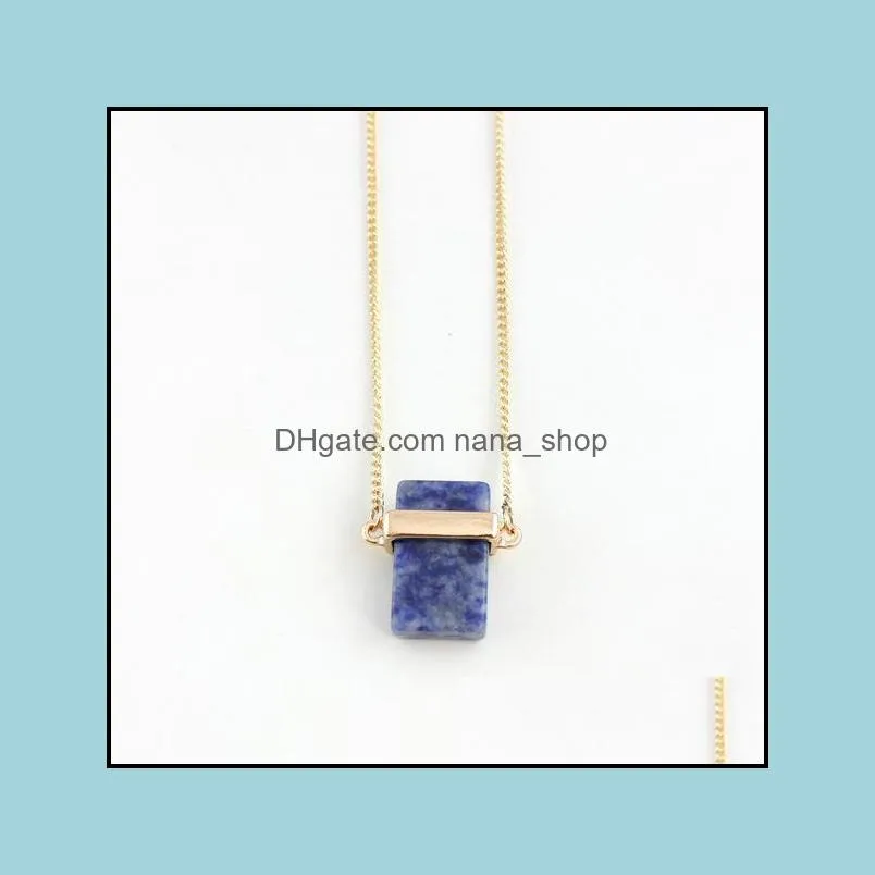 fashion rectangle natural stone gold plated blue pink quartz turquoise necklace long sweater necklaces for women jewelry gift